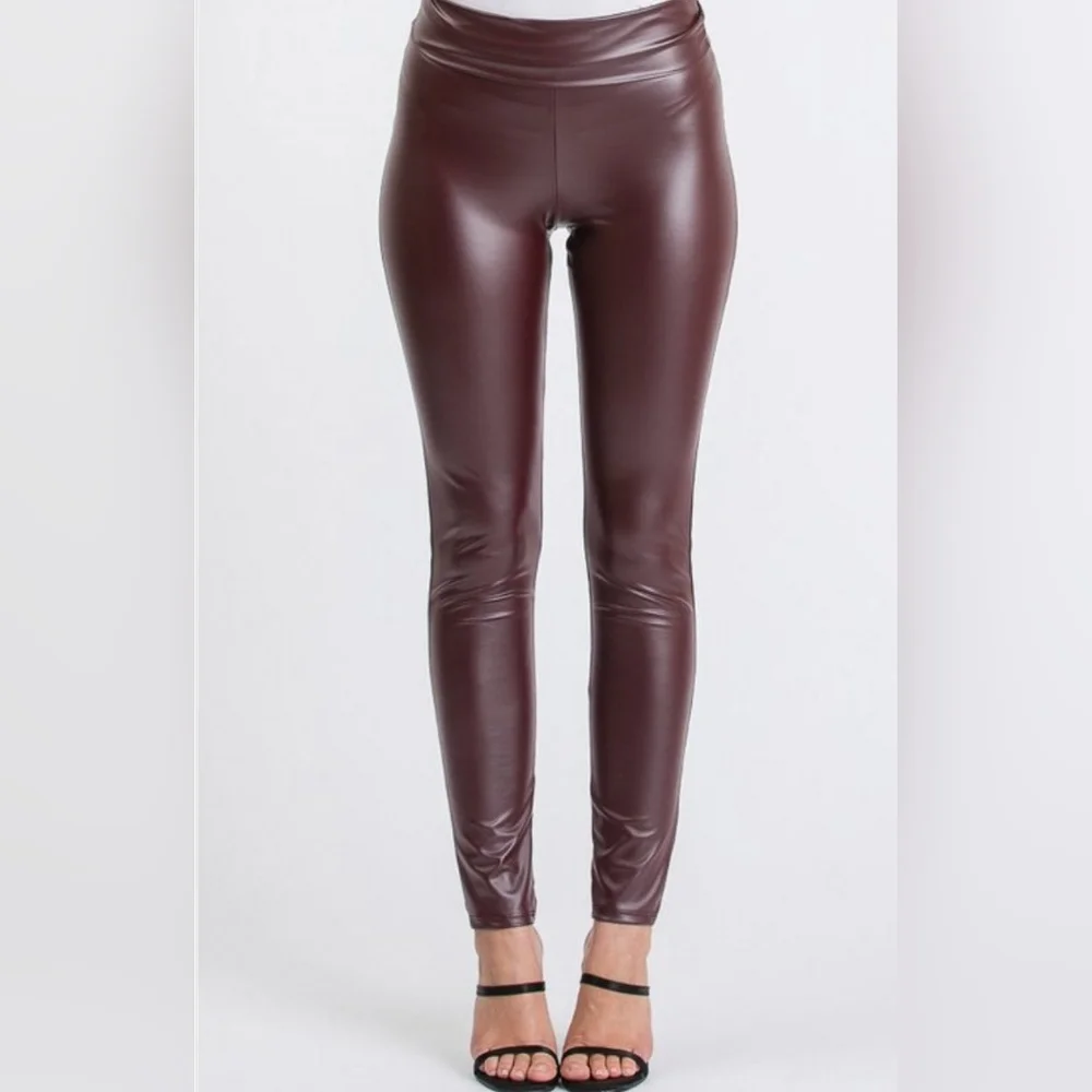 Hemish USA Faux Leather Leggings Burgundy | High Waist Stretch Pants S–3X